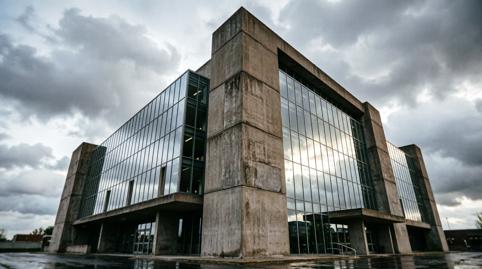 Brutalist concrete architecture, black and white